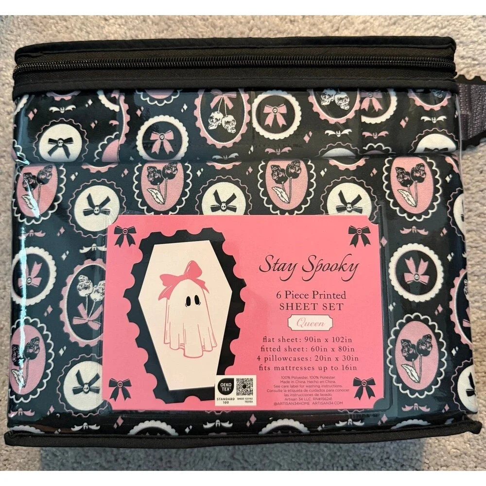NEW Stay Spooky Queen Sheets Set Gothic Coquette Bows Cameo Halloween Bedding